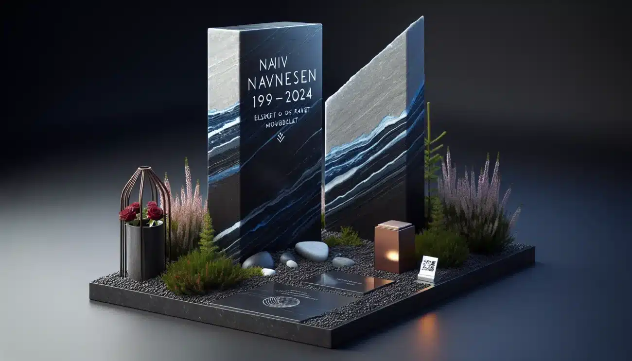 Asymmetrical larvikitt gravestone with white lettering and lantern in a norwegian cemetery