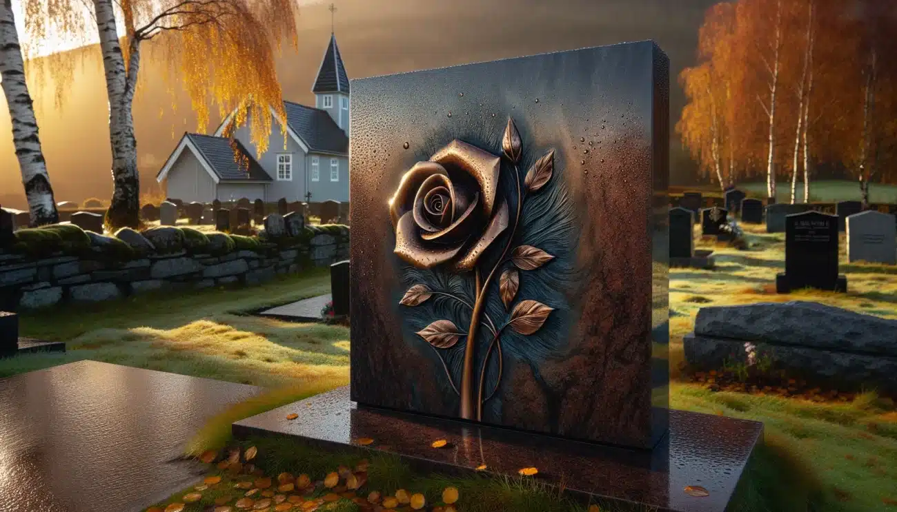 Bronze rose and lettering on norwegian granite gravestone after rain church and birches behind