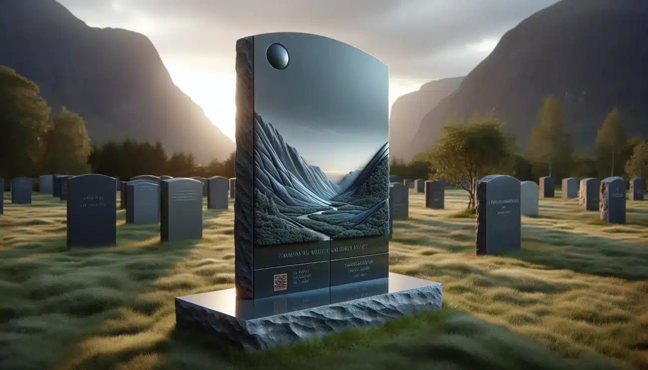 Custom granite headstone with bronze mountain symbol and qr code in norway