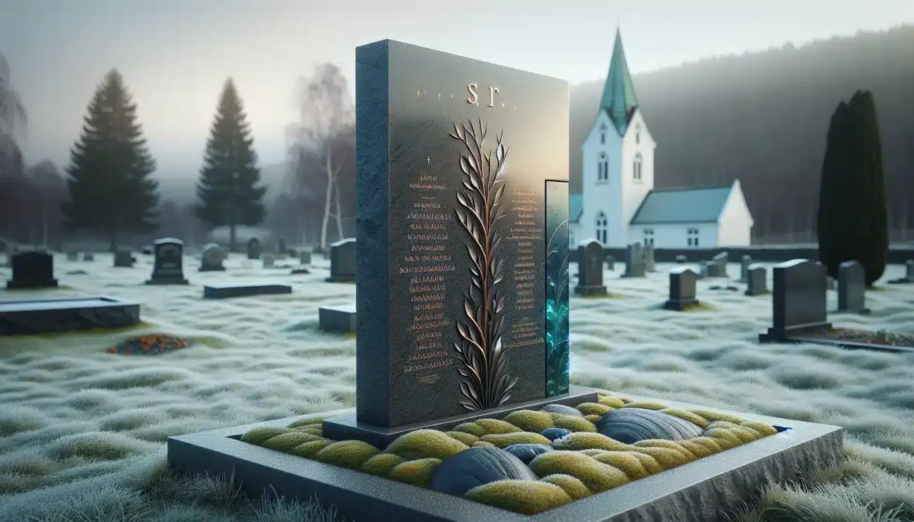Dark granite headstone with gilded letters and blue glass in norway
