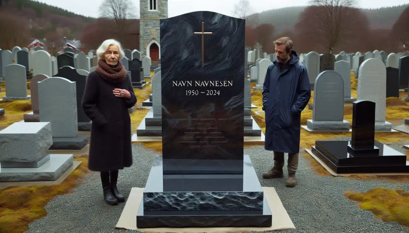 Family and stonemason choosing a polished granite headstone in a norwegian cemetery