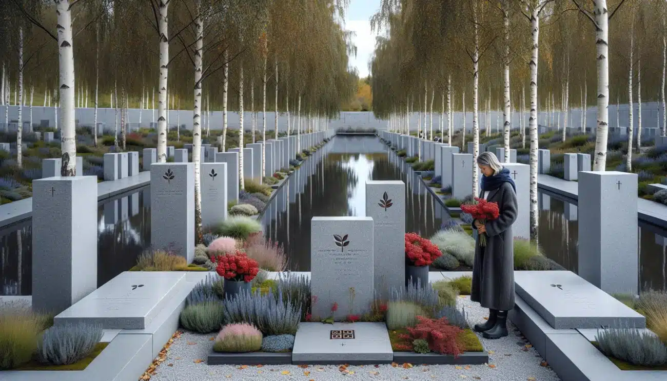 Granite headstones in a norwegian memorial park with accessible path and pond