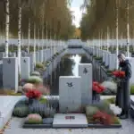 Granite headstones in a norwegian memorial park with accessible path and pond