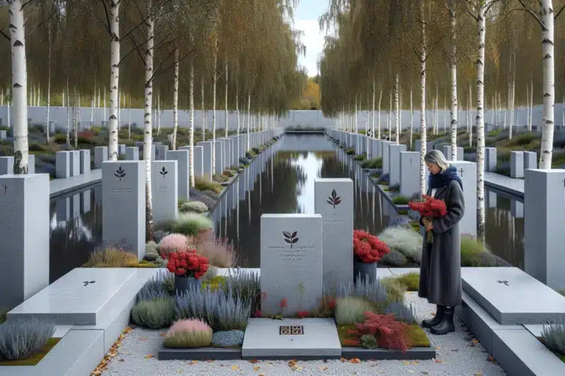 Granite headstones in a norwegian memorial park with accessible path and pond
