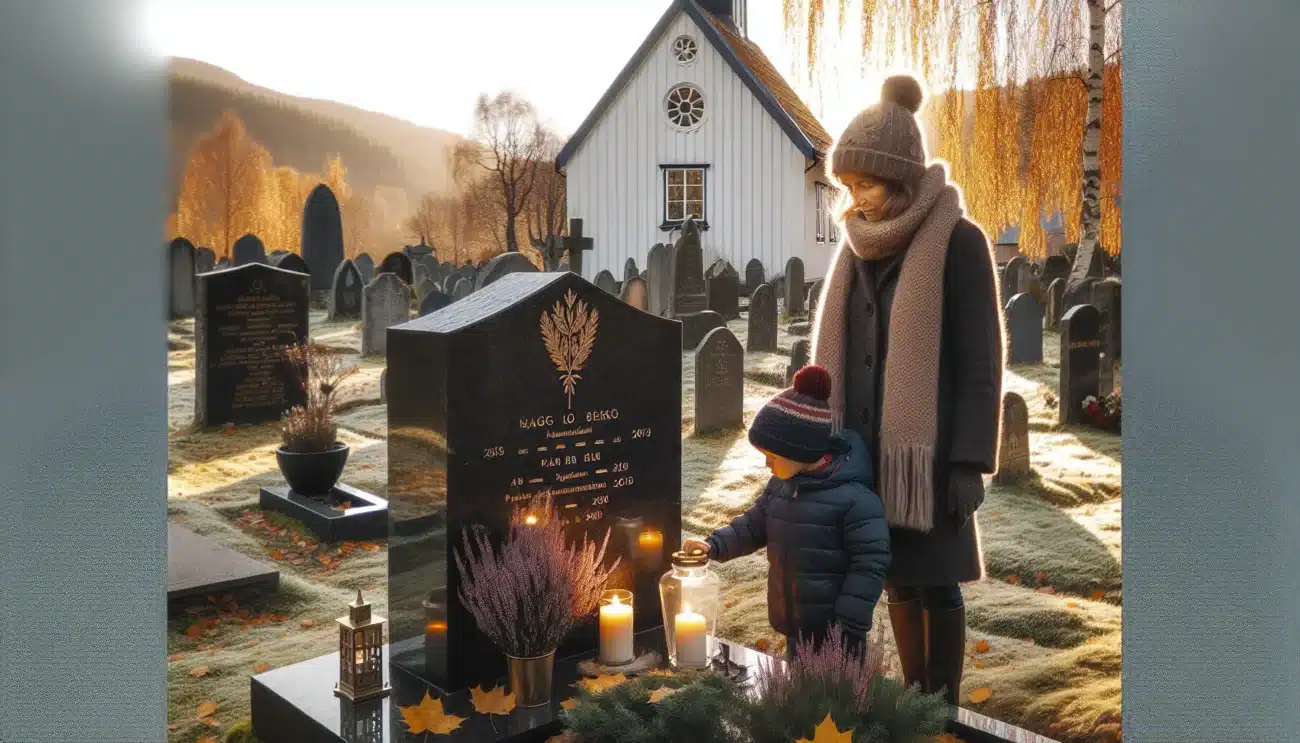 Norwegian granite gravestone with gold lettering candle and qr code in autumn