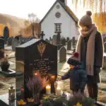 Norwegian granite gravestone with gold lettering candle and qr code in autumn