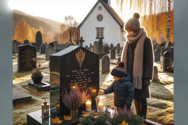 Norwegian granite gravestone with gold lettering candle and qr code in autumn