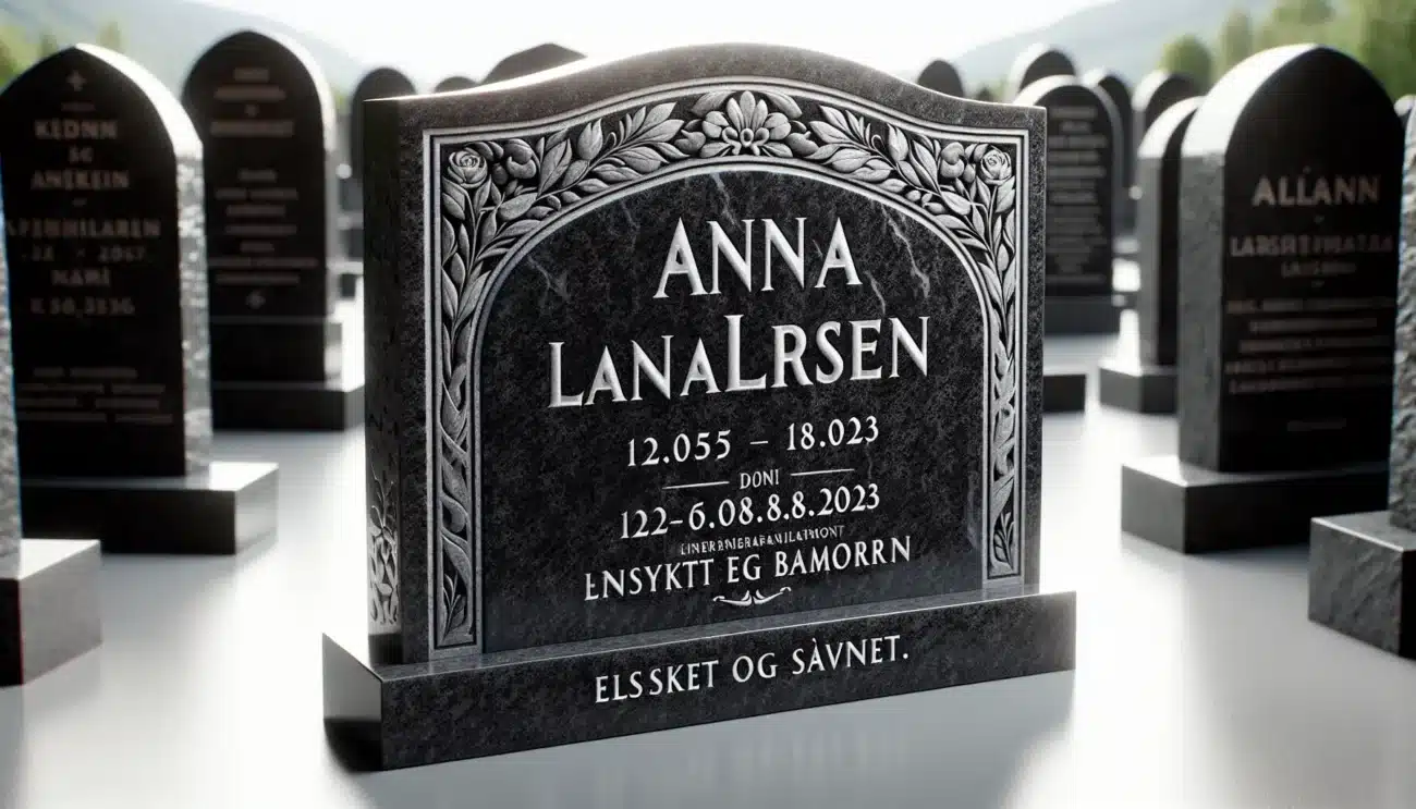 Norwegian granite headstone with clear silver lettering in a calm churchyard