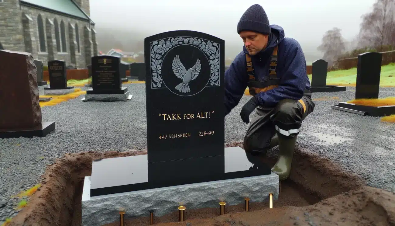 Norwegian stonemason aligning polished larvikite headstone in a rainy cemetery
