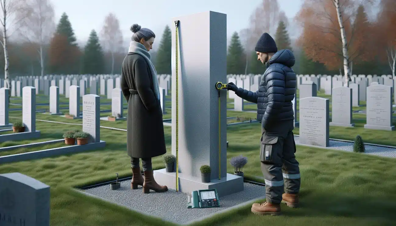 People measuring headstone placement in a norwegian cemetery under soft autumn light