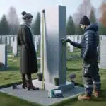 People measuring headstone placement in a norwegian cemetery under soft autumn light
