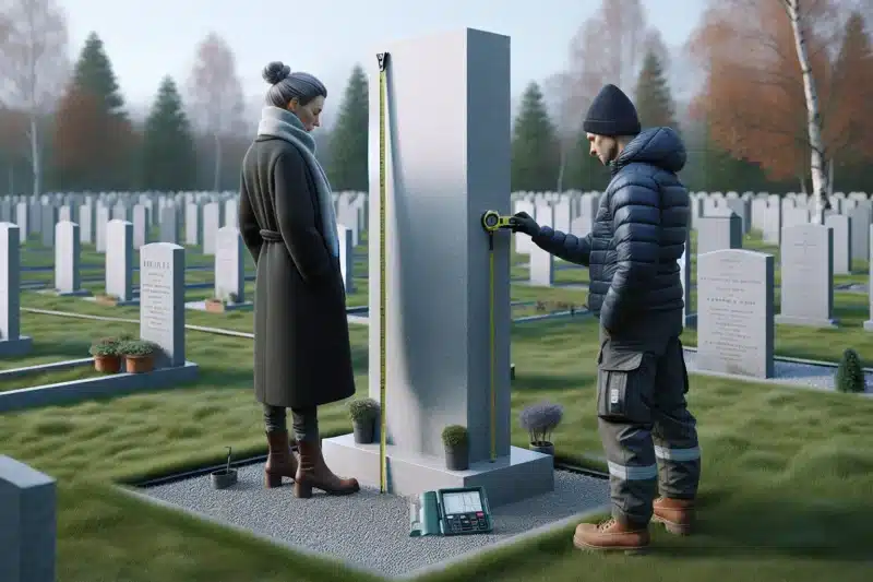 People measuring headstone placement in a norwegian cemetery under soft autumn light