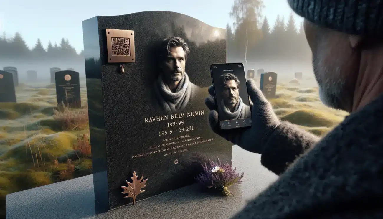 Person scans qr code on laser engraved headstone in a norwegian churchyard