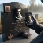 Person scans qr code on laser engraved headstone in a norwegian churchyard