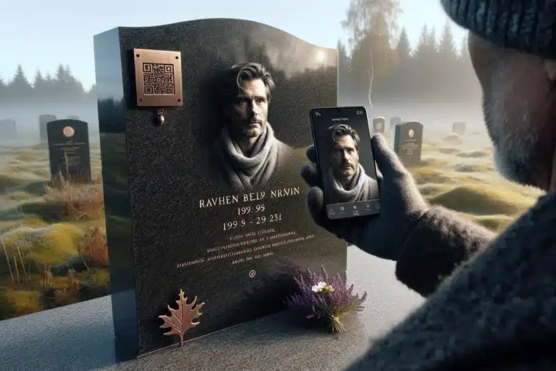 Person scans qr code on laser engraved headstone in a norwegian churchyard