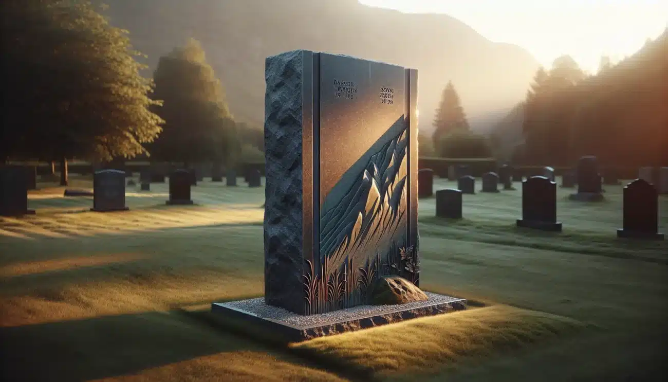 Personalized norwegian granite headstone with bronze bird and glass inlay