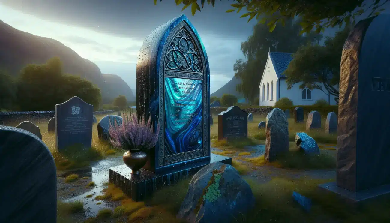 Polished larvikite headstone in norwegian churchyard after rain blue iridescence glowing