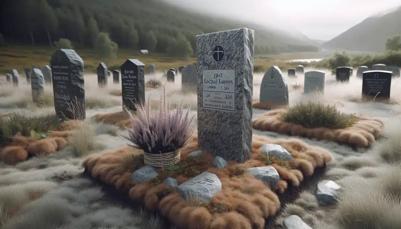 Reused granite headstone with oak marker in a norwegian wildflower cemetery