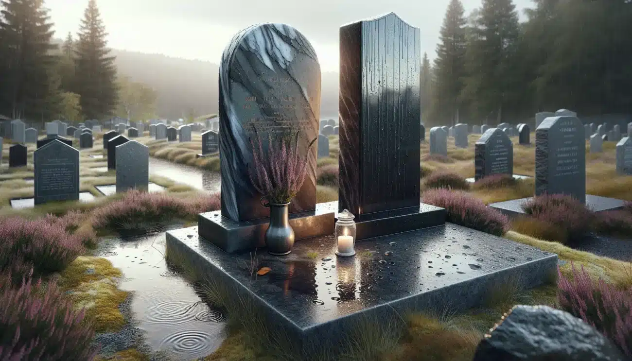 Slate and granite headstones in a norwegian cemetery on a damp autumn day