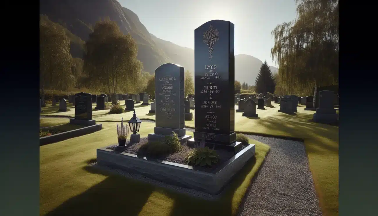 Three norwegian headstones showing budget standard and premium options in a churchyard